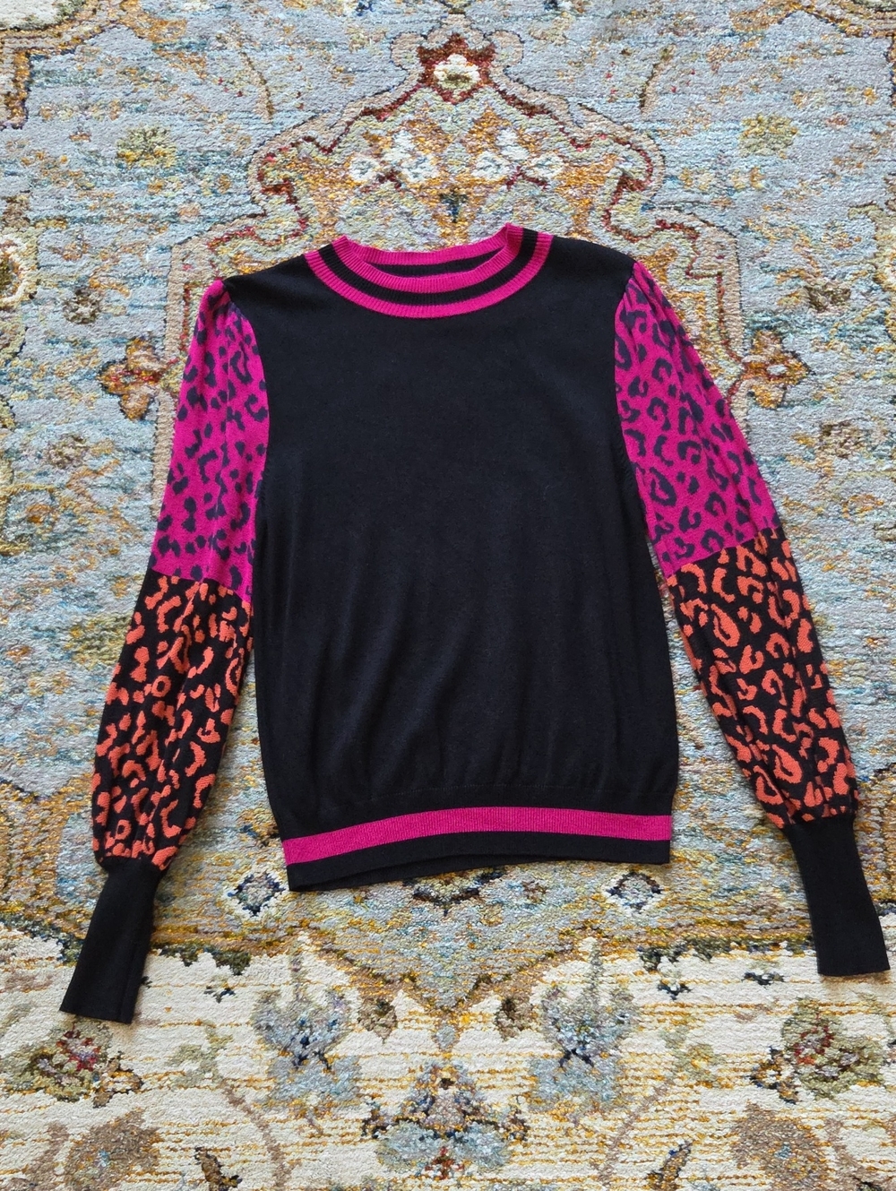 Karlie Black Crewneck Sweater with Magenta and Orange Leopard Sleeves
